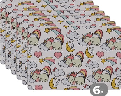 Placemat - Placemats kunststof - 45x30 cm - Slapen - Unicorn - Patronen - 6 stuks - Borden onderleggers antislip - Tafel decoratie - Luxe tafelversiering - Tafelmat vinyl - Bord onderlegger - Tafeldecoratie accessoires