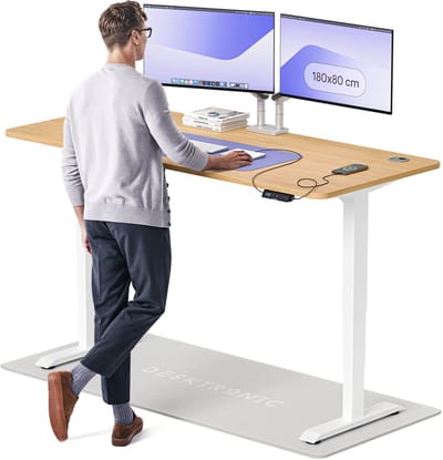 Desktronic HomePro Zit-sta Bureau Elektrisch In Hoogte Verstelbaar, 180x80cm Wit/Eiken, Stille Dubbele Motor, Hoogte 62-126cm