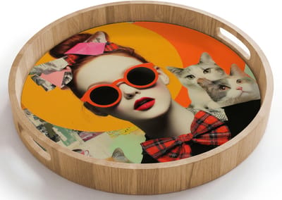 Dienblad rond 40x40 cm - Schootdienblad hout - Vrouw - Bril - Strik - Retro - Borrelplank rechthoek - Plateau houten dienbladen