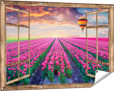 Gards Tuinposter Doorkijk Bloemenveld met Roze Tulpen - Luchtballon - 120x80 cm - Tuindoek - Tuindecoratie - Wanddecoratie buiten - Tuinschilderij