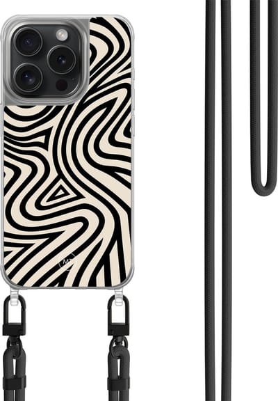 Hoesje met koord geschikt voor iPhone 14 Pro - Groovy lines - Inclusief zwart koord - Crossbody beschermhoes - Transparant, Zwart - Mooie Telefoonhoesjes