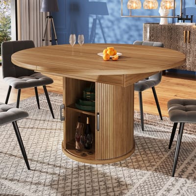 Wishdor - Eettafel - Uitschuifbaar Met Opbergruimte - Retro - Voor Eetkamer - MDF - Walnootkleur - 118-158 X 118 X 76,8 Cm