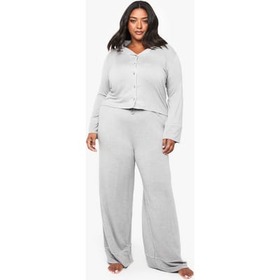 boohoo Dames Plus Super Soft Modal Pyjama Set met Top met Lange Mouwen & Broek | Grijze Mergel | Maat: 44