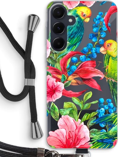 Case Company® - Hoesje met koord geschikt voor Samsung Galaxy A55 hoesje met Koord - Papegaaien - Telefoonhoesje met Zwart Koord - Bescherming aan alle Kanten en Over de Schermrand