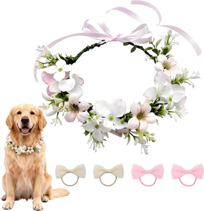 Honden Bruiloft Bloemenkrans Halsband - 1 Bloemenkrans + 4 Haarelastieken (Wit en Roze) | Verstelbaar, Geschikt voor Diverse Hondenformaten, Perfect voor Hondenbruiloften en Feesten