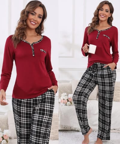 Pyjama met lange mouwen voor dames - V-hals pyjama's met geruite broek en zachte loungewear
