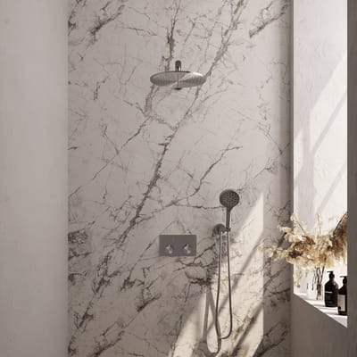 Brauer Brushed Edition thermostatische inbouw regendouche met drukknoppen SET 56 met 30 cm douchekop en rechte muurarm en 3-standen handdouche en doucheslang en wandaansluitbocht RVS geborsteld PVD