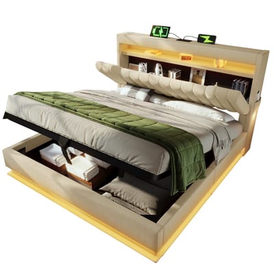 Gestoffeerd bed 160x200 cm Tweepersoonsbed - opberghoofdeinde met USB- en Type-C-poorten - LED-verlichting - met opbergruimte - beige - zonder matras
