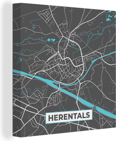Canvas Schilderij België – Herentals – Stadskaart – Kaart – Blauw – Plattegrond - 20x20 cm - Wanddecoratie