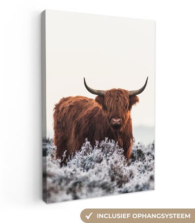 Canvas schilderij - Schotse hooglander landschap 20x30 - Kamer decoratie accessoires - Schilderijen woonkamer dieren - Koe wanddecoratie slaapkamer - Muurdecoratie keuken - Wanddoek interieur binnen - Woondecoratie huis - Woonaccessoires