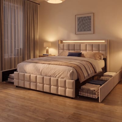 Gestoffeerd Opbergbed 160x200 cm met 4 lades - Tweepersoonsbed met LED en USB - Hoofdbord met opbergruimte - Linnen - Modern - Beige