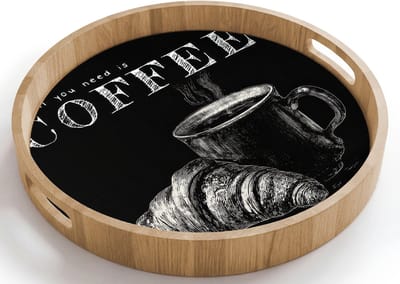 Dienblad rond 40x40 cm - Schootdienblad hout - Koffie - Croissant - Tekst - Borrelplank rechthoek - Plateau houten dienbladen