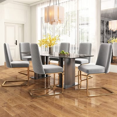 YEHTOKHOME Fluwelen Eetkamerstoelen, Set van 6, Rugleuning met diamantvormig gaasontwerp, Glanzende gouden metalen poten en antislipvoetjes, Eenvoudige en elegante stoelen, Grijs