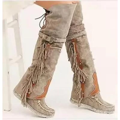 Heren Dames Laarzen Mode Bohemia Kniehoogte Etnische Persoonlijkheid Hoge Kwasten Kunstsuède Meisje Platte Bodem Lang Botas Mujer 39