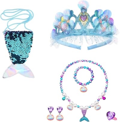 Sieraden Set voor Meisjes - 7-delig Prinsessen Kostuum met Kroon, Vissenstaart Ketting, Armband, Ring, Oorbellen en Tas - Ideaal voor Themafeesten, Verjaardagen en Speelaccessoires