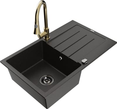 Mexen Bruno granieten spoelbak met 1 bakje met afdruiprek en keukenmengkraan Elia, zwart/gouden metallic - 6513-75-670101-50-B