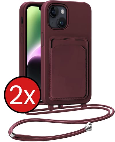 Hoesje Geschikt voor iPhone 13 Hoesje Met Telefoonkoord en Pasjeshouder Siliconen - Hoes Geschikt voor iPhone 13 Hoesje Met Kaarthouder Case - Aubergine - 2 PACK