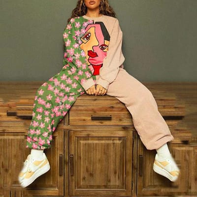 Trainingspakken Dames Elegante Tweedelige Pakken Sets Vrouwelijke Stijlvolle Plus Size Griekse Print Jas & Broek Sets Joggers Dames XXL brown