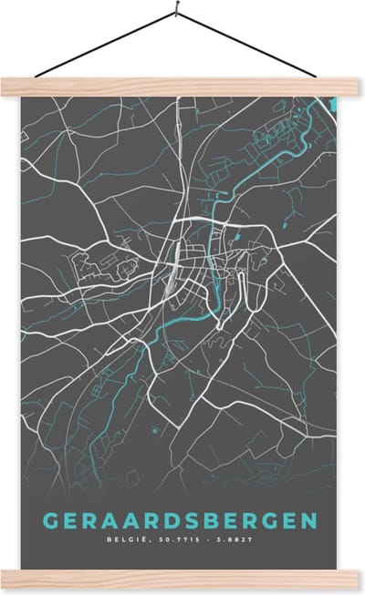 Posterhanger incl. Poster 40x60 cm - Schoolplaat - Plattegrond – Geraardsbergen – Blauw – Stadskaart - Kaart - België - Textielposter - Blanke latten - Stadskaart