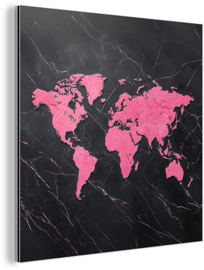 Aluminium schilderij 90x90 cm - Wanddecoratie metaal - Wereldkaart - Roze - Marmer - Metalen muurdecoratie woonkamer - Decoratie industrieel - Foto op dibond - Industriële accessoires slaapkamer
