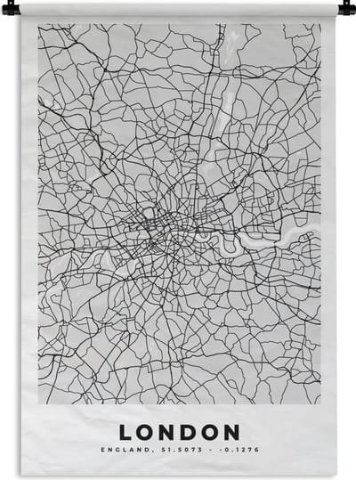 Wandkleed - Wanddoek - Londen - Stadskaart - Plattegrond - Zwart Wit - Kaart - 120x180 cm - Wandtapijt