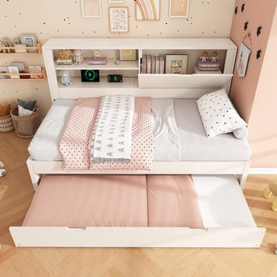 MODENUIT Slaapbank 90x200 cm – Met uitschuifbed 90x190 en opbergruimte in rugwand – USB en type-C – Zonder matras – Wit