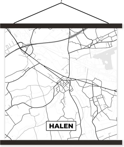 Posterhanger incl. Poster 60x60 cm - Schoolplaat - Kaart – Plattegrond – Stadskaart – Halen – België – Zwart Wit - Textielposter - Zwarte latten - Stadskaart