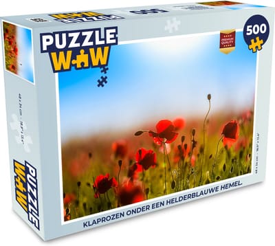Puzzel Klaprozen onder een helderblauwe hemel. - Legpuzzel - Puzzel 500 stukjes