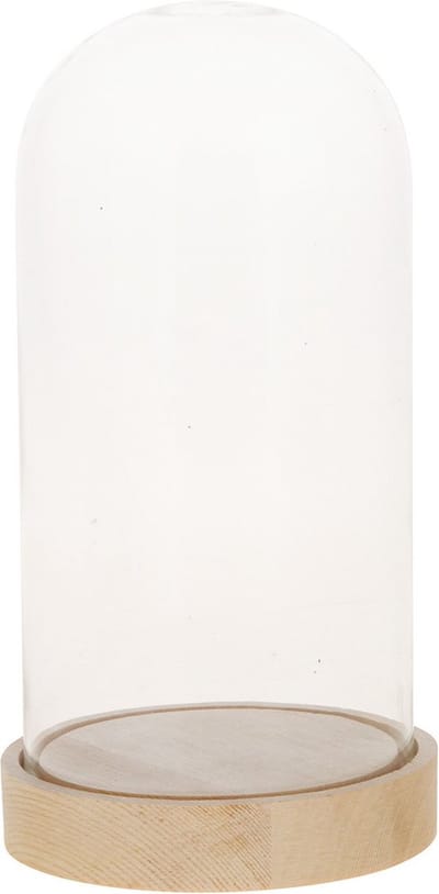 Glazen decoratie stolp op houten plateau - D10 x H20 cm - Home Deco stolpen - Woonaccessoires