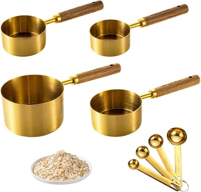 Famanu – Set van 8 roestvrijstalen maatbekers en maatlepels met houten handvat, geschikt voor droge en vloeibare ingrediënten