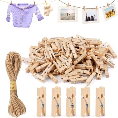 Houten Kledingknijpers 3,5 cm met 10 m Jute Touw - Herbruikbare Mini Klemmen voor Kleding, Foto's en Handwerk