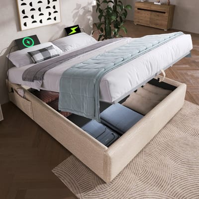 DESMIU Gestoffeerd Bed 140x200 cm - Bedframe Met USB En Type C Oplaadfunctie - Hydraulische Opbergruimte Onder Het Bed - Slaapkamer - Linnen - Natuurlijk - Zonder Matras