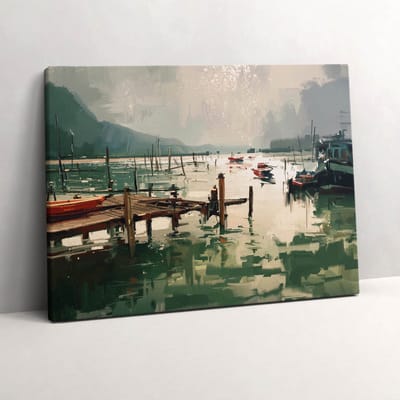 Wallfluent Foto Op Canvas Digitale illustratie van vissersboten in de haven - 80 x 60 cm - Groente Schilderijen Op Canvas Doek - Landschappen Canvas Doek Foto - Imitatie van een olieverfschilderij Print Van Doek - Kunst Canvas Schilderij