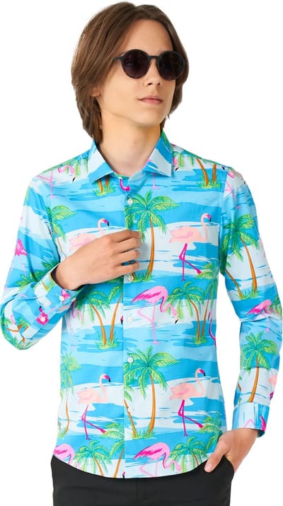 OppoSuits Lange Mouwen Overhemd Flaminguy Teen Boys - Tiener Overhemd - Carnavalskleding - Tropisch Flamingo Shirt - Blauw - Maat EU 134/140