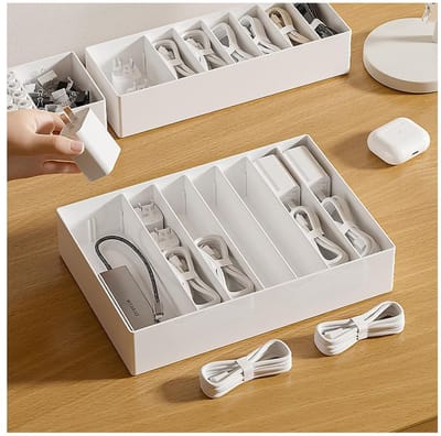 Set van 2 Opbergdozen voor Kabels met Verstelbare Vakken - Ideaal voor Opladers, USB-kabels en Adapters, Netjes en Georganiseerd