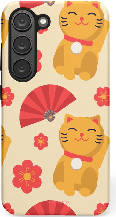 Casetastic hoesje geschikt voor Samsung Galaxy S23 - Dubbellaagse bescherming - Japanse Poezenvreugde - Lucky Cats - Fashion Case - Crème Koraal Goud