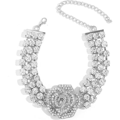 Luxe Volledige Strass Roos Bloem Choker Ketting voor Vrouwen Meerlaagse Kristallen Sleutelbeenketting Nekjuwelen Bruiloftsfeest white