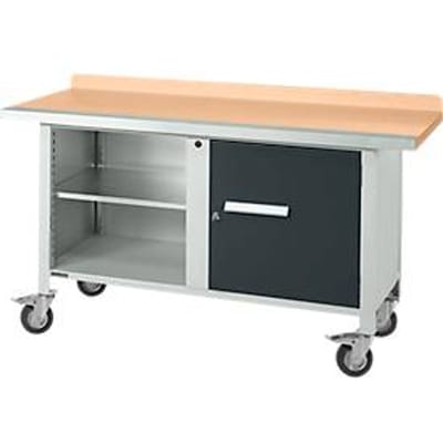 Mobiele werkbank Schäfer Shop Select PWi 150-1, beuken multiplex blad, met stalen rand, tot 400 kg, B 1500 x D 700 x H 840 mm