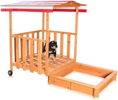 Houten Zandbak - Speelhuis met dak - Buiten spelen - Afdekking met wielen - 182 x 100 x 140 cm