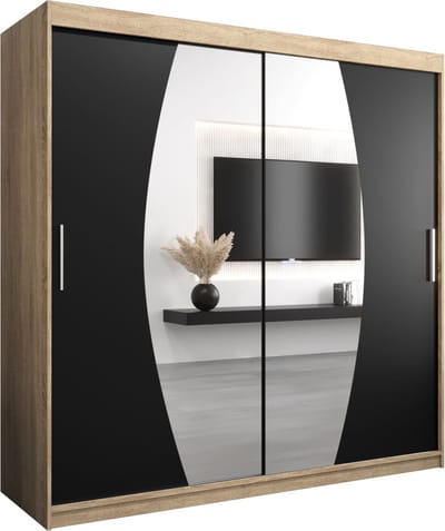 InspireMe - Kledingkast met 2 schuifdeuren, Modern-stijl, Een kledingkast met planken en een spiegel (BxHxD): 200x200x62 - GLOBE 200 Sonoma Eik + Zwart Mat