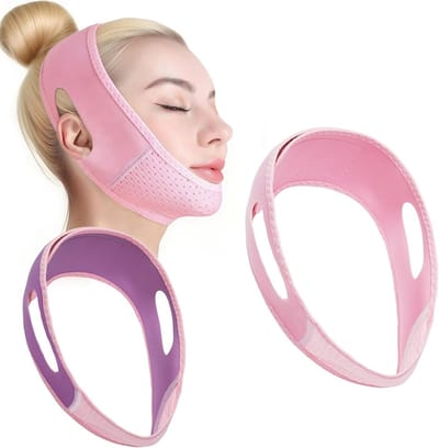 Effectieve V-Line Face Maskers voor Dubbele Kin, Herbruikbare Gezichtsmaskers voor Slanker Uiterlijk, Gezichtsversteviging en Kinverkleining (Paars + Roze)