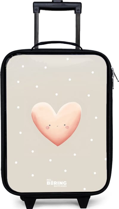 NoBoringSuitcases.com® - Kinderkoffer jongen - Kindertrolley meisje - Roze hart omringd door beige stippen - Koffer kind lichtgewicht - Reiskoffer trolley voor kinderen - Koffertje met lichtgevende wieltjes - Rolkoffer zwart