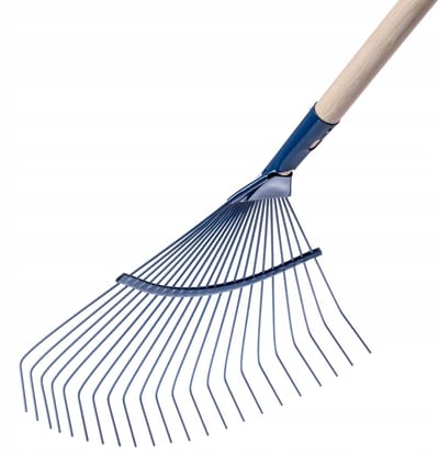 KADAX Hark van staal, hark met lange steel van hout, verstelbare draadhark, bladbezem met brede kop, grashark, bladhark (draad, blauw)