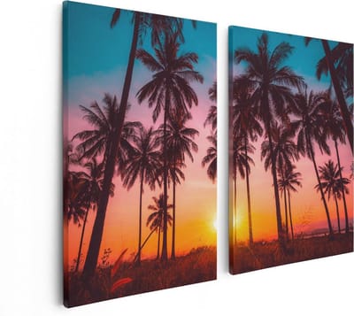 Artaza Canvas Schilderij Tweeluik Palmbomen op het Strand bij Zonsondergang - 80x60 - Foto Op Canvas - Canvas Print