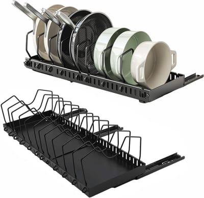 Pot en Pannen Organizer voor Keuken, 2 Stuks Uittrekbare Pannen- en Dekselhouder met 12 Verstelbare Scheidingswanden voor Efficiënte Opslag in Keukenkast