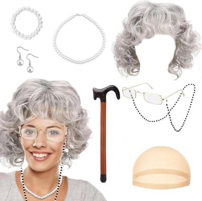 Cosplay Accessoires Set met Peruk en Hoed, Kostuum voor Verkleedpartijen, Inclusief Sieraden en Bril met Ketting