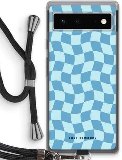 Case Company® - Hoesje met koord geschikt voor Google Pixel 6 hoesje met Koord - Grid Blauw - Telefoonhoesje met Zwart Koord - Bescherming aan alle Kanten en Over de Schermrand