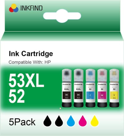 INKFIND GT53XL GT52 inkt Geschikt voor HP GT53XL HPGT53XL HPGT51 HP GT51 HP GT52 HPGT52 inkt tank multipack 5 stuks (2 x Zwart, 1 x Cyaan, Magenta, Geel) voor HP Ink Tank 115 310 315 318 319 Wireless 410 415 416 418 419 DeskJet GT 5810 5820 5812 5822