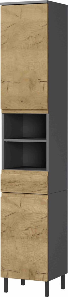 Badkamerkolomkast Abrantes Eiken - Grafiet - MDF - Breedte 34 cm - Hoogte 190 cm - Diepte 34 cm