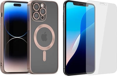 Coverzs bundel Magneet telefoonhoesje met Camerabescherming + Screenprotector - Geschikt voor Iphone 13 Pro Max - Transparant Backcover met roségouden details - Magnetisch hoesje - Cameracover - Anti kras - Bescherming Tegen krassen en stoten